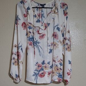 Chaps Floral Ruffle Tie-Neck Blouse in Cream, Blue, Pink